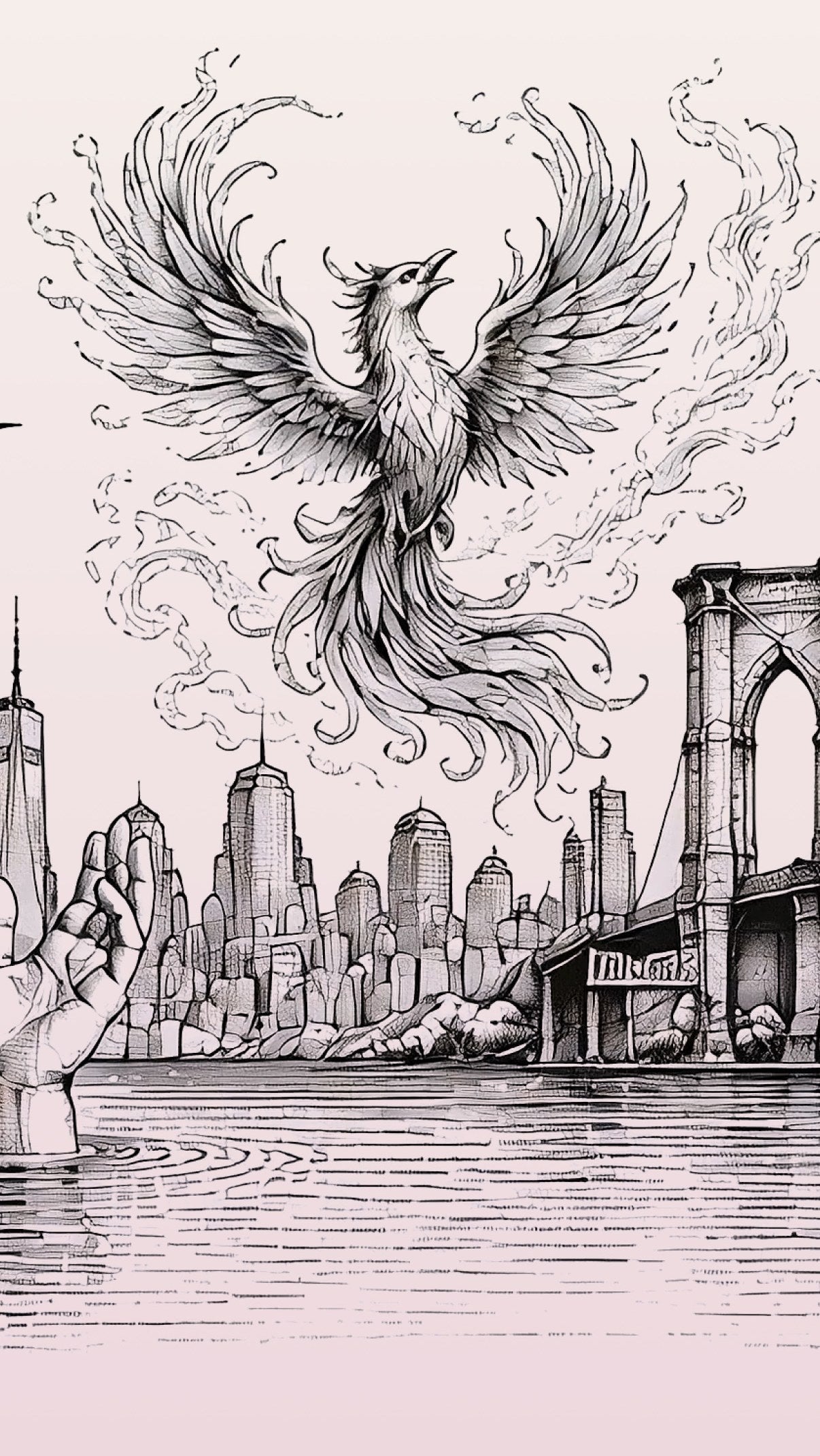 A phoenix rising over the New York City skyline